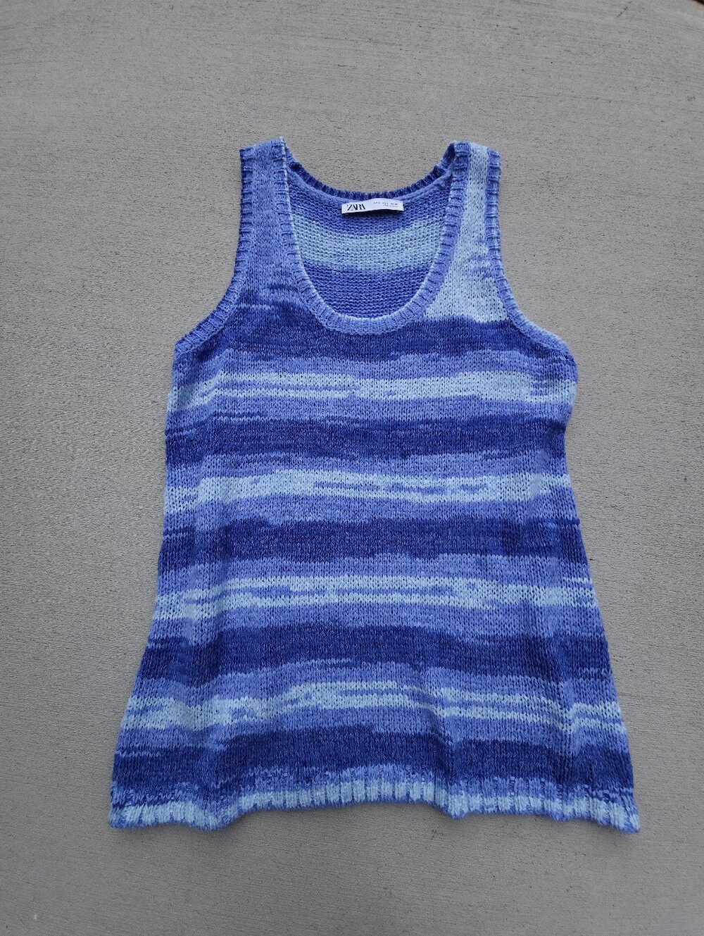 Zara Womens Small Gradient Blue Stripped Knit Sweater Tank Top Y2K Festival Boho